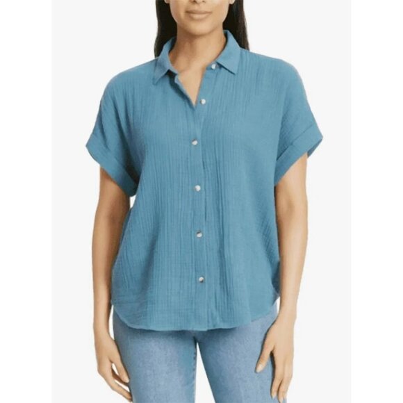 NEW Jessica Simpson Gauze Women's M Blue Button-Down Short sleeve Shirt - Picture 1 of 9